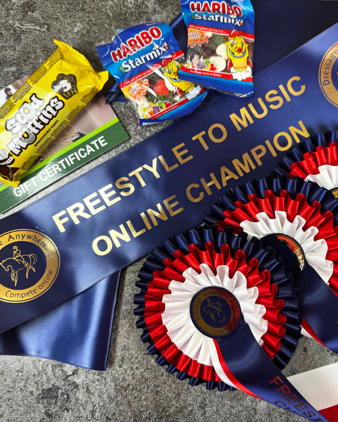 Red white and blue championship rosettes laid on top of a blue sash that says: Freestyle to Music Online Champion