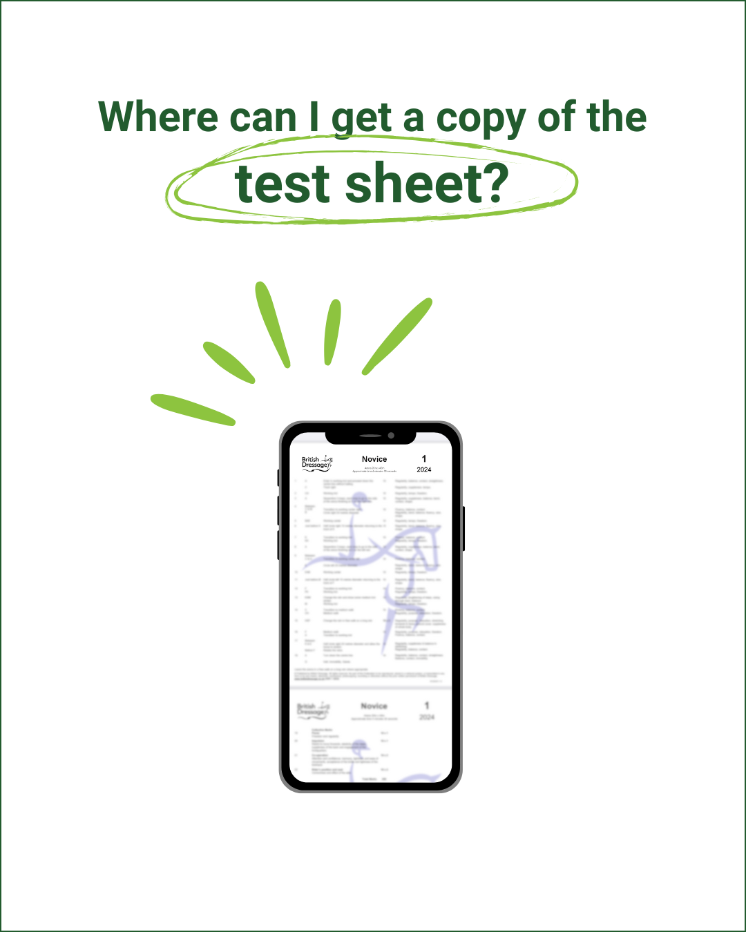 Green centred text: Where can I get a copy of the test sheet? Graphic of a mobile phone with an image of a test sheet