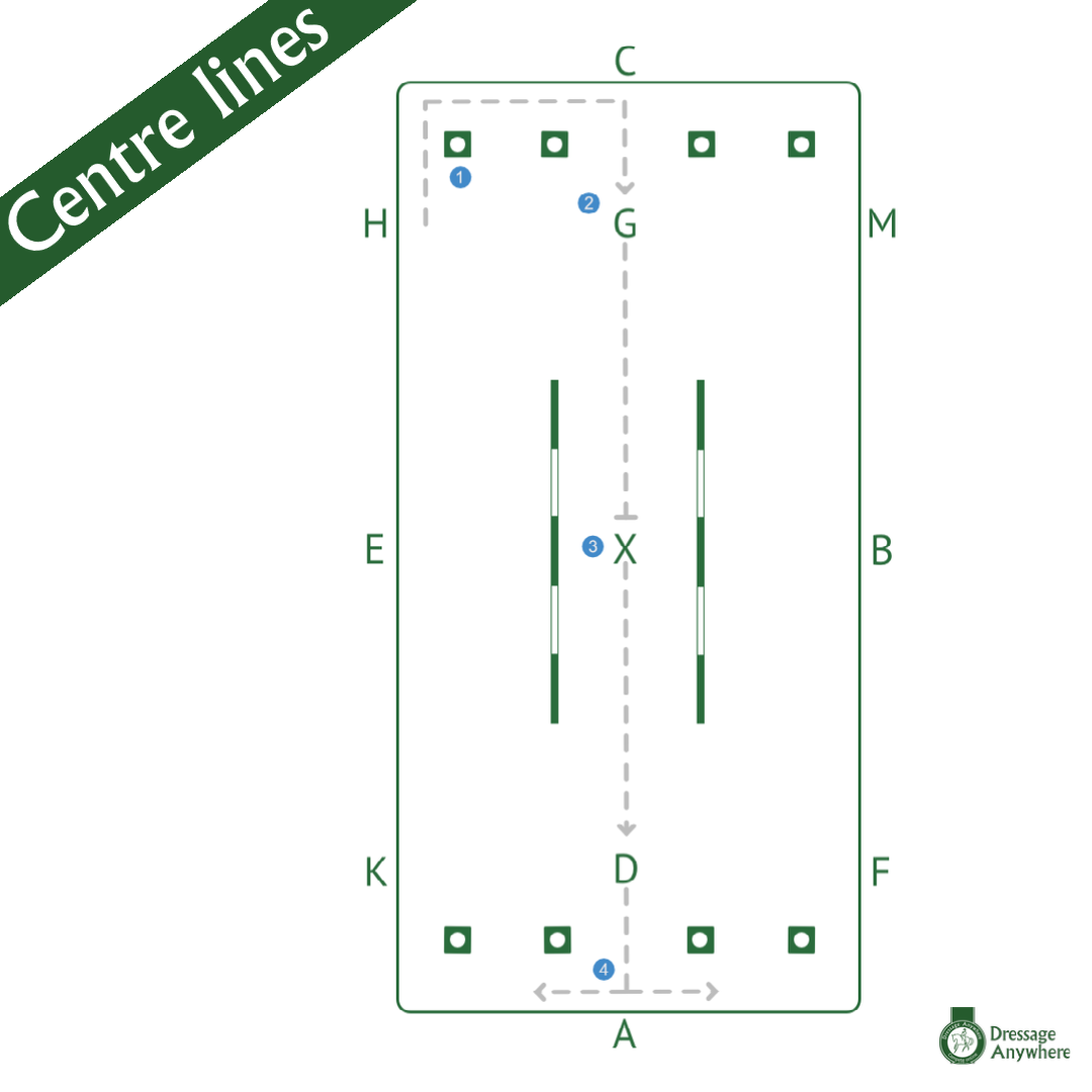 Outline of an arena with blocks at the corners and poles vertically either side of the centre line at X