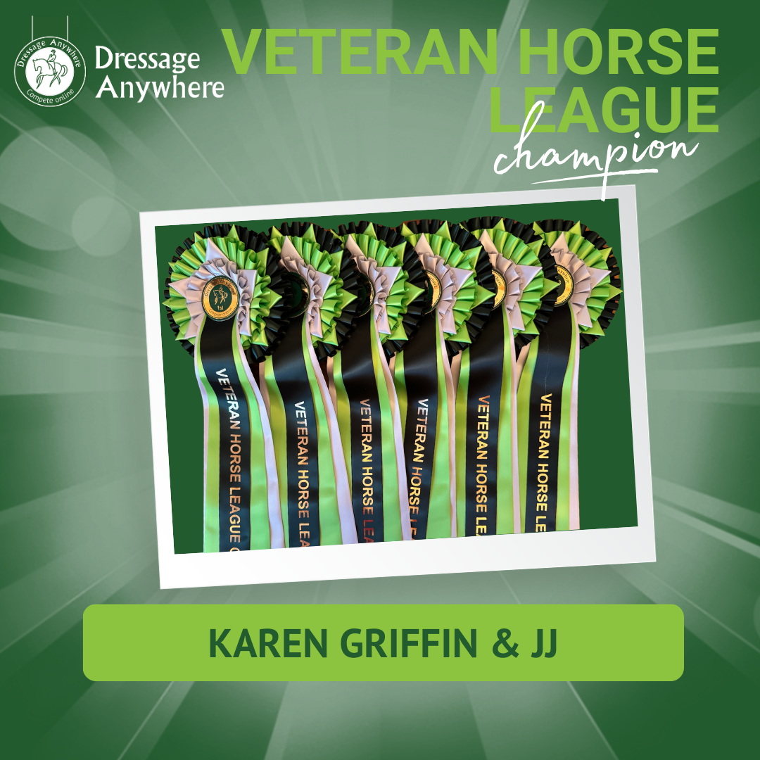 Championship rosettes: dark green, light green and silver with the words Veteran Horse League on the tails