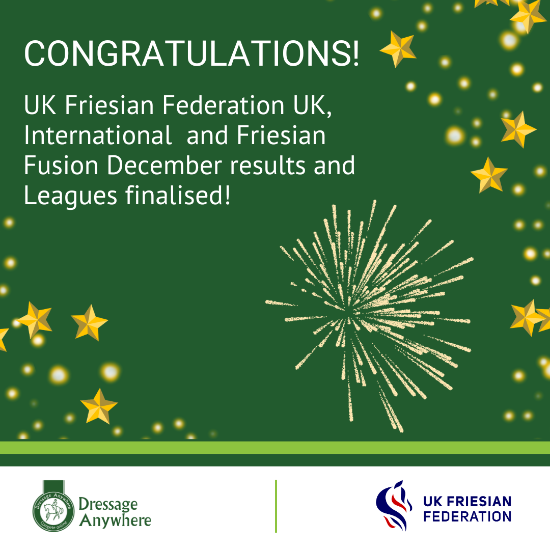 Green background with gold stars around the edge, text reads 'Congratulations! UK Friesian Federation UK, International and Friesian Fusion Leagues finalised'