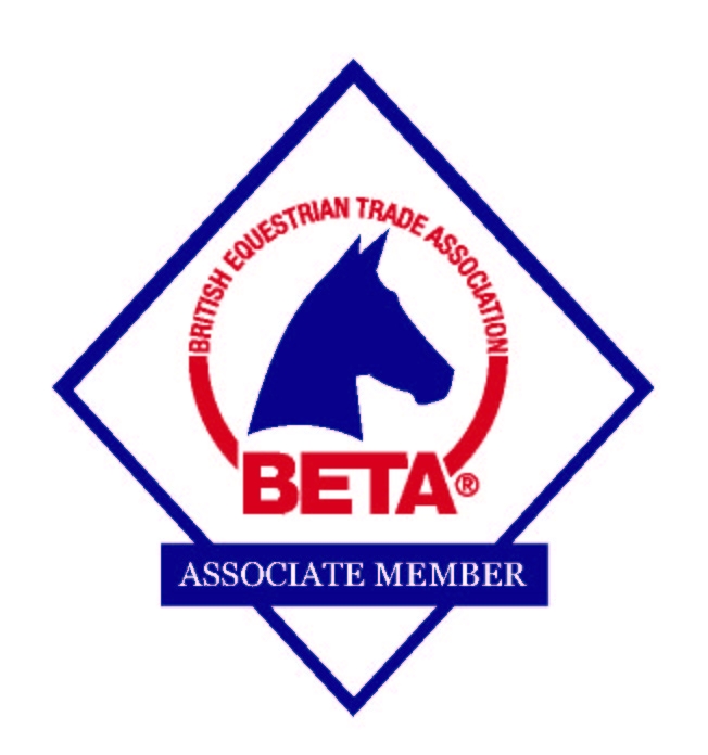 Beta logo - blue diamond outline with blue horse's head centre and the words British Equestrian Trade Association, Associate Member