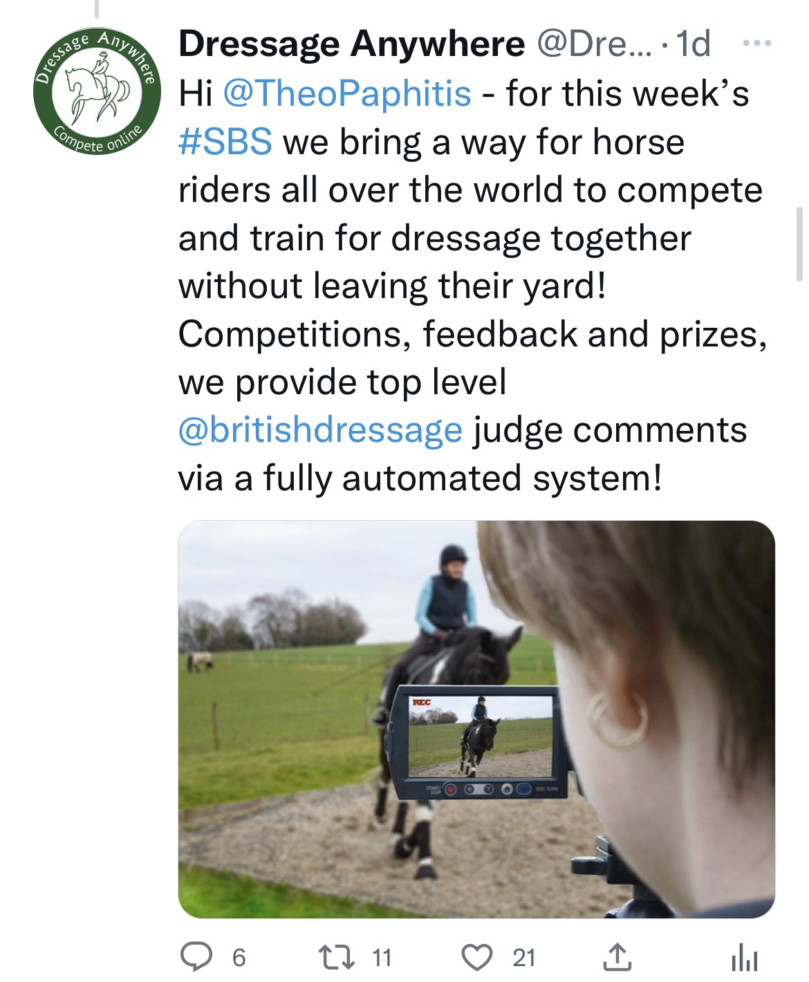 The winning tweet from Dressage Anywhere to Theo