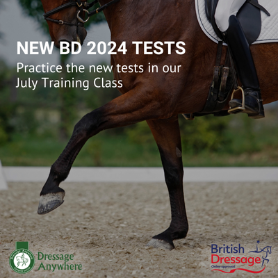 Horse and rider trotting in arena, with text: NEW BD 2024 TESTS, Practice the new tests in our July Training Class