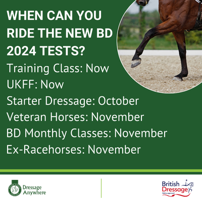 Green background with a circle framing a horse trotting top right. Text: When can you ride the new BD 2024 tests?