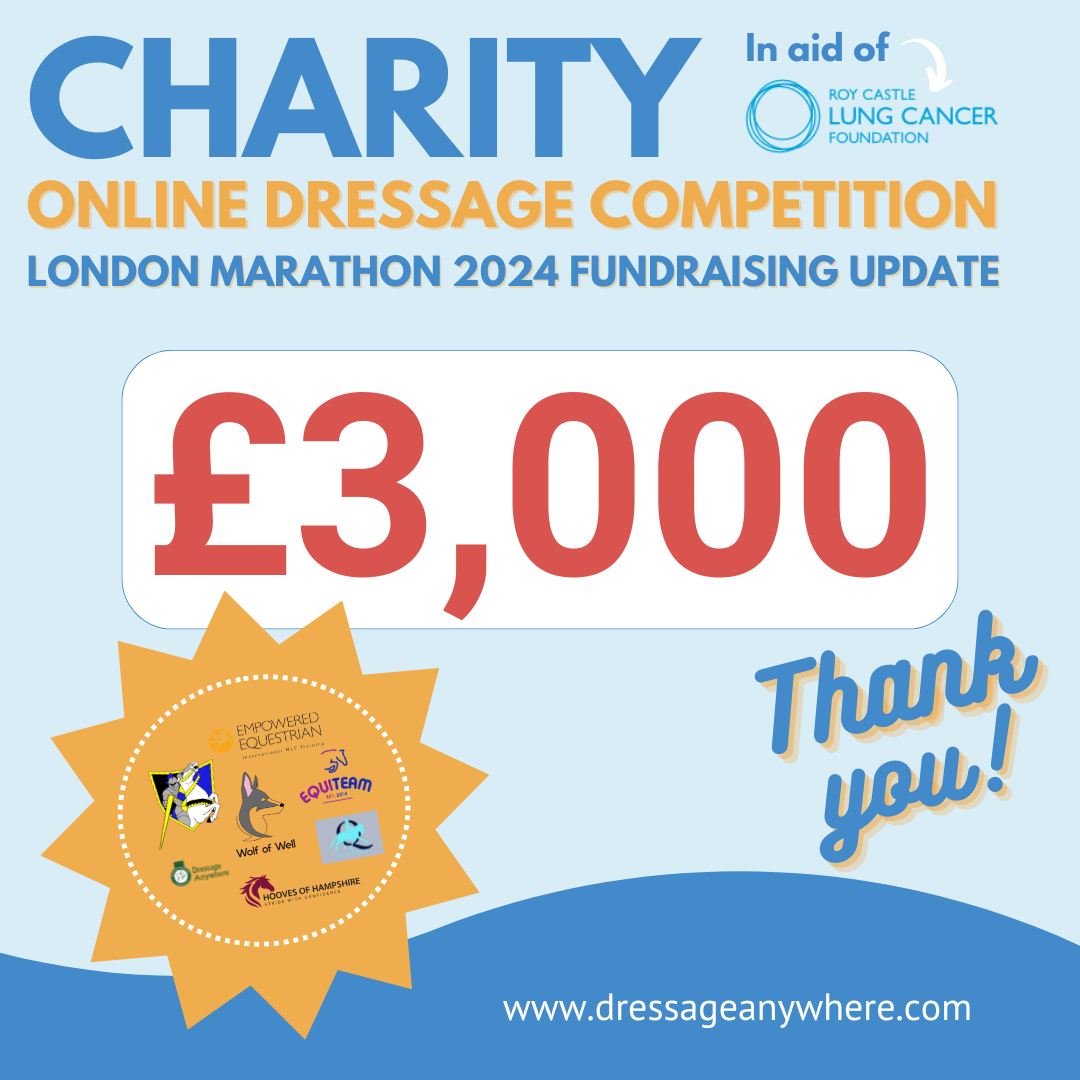 Graphic with text: charity online dressage competition, £3,000 raised for Roy Castle Lung Cancer Foundation