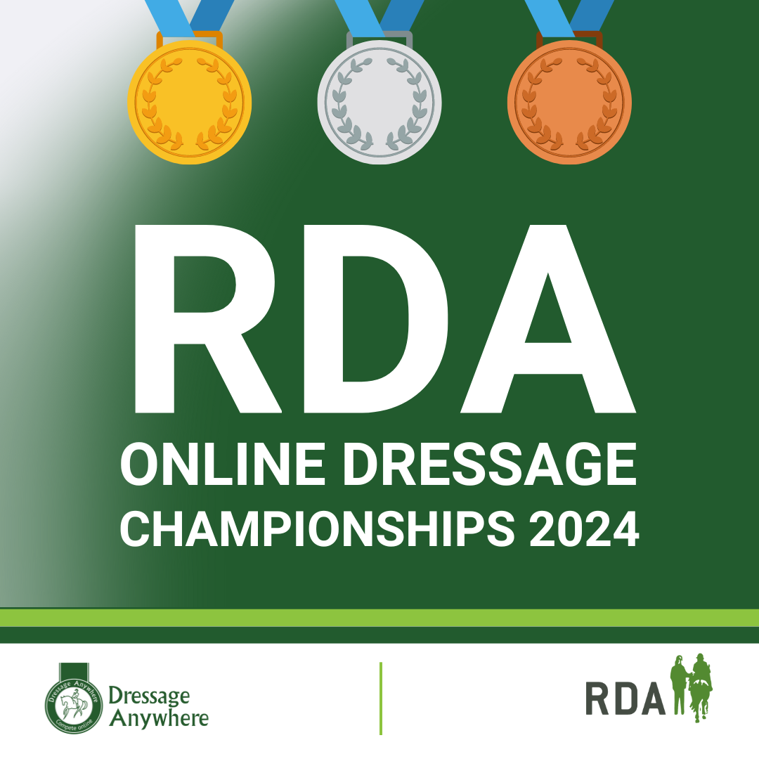 Green background with white text: RDA Online Dressage Championships 2024. Three gold, silver and bronze medals at the top