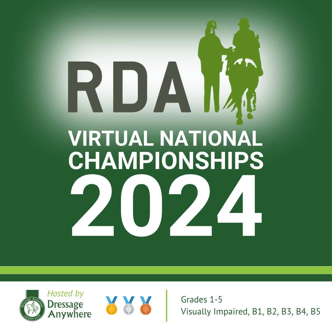 RDA Logo: green silhouette of horse and rider with a coach on graduated green background with text RDA Virtual National Championships 2024