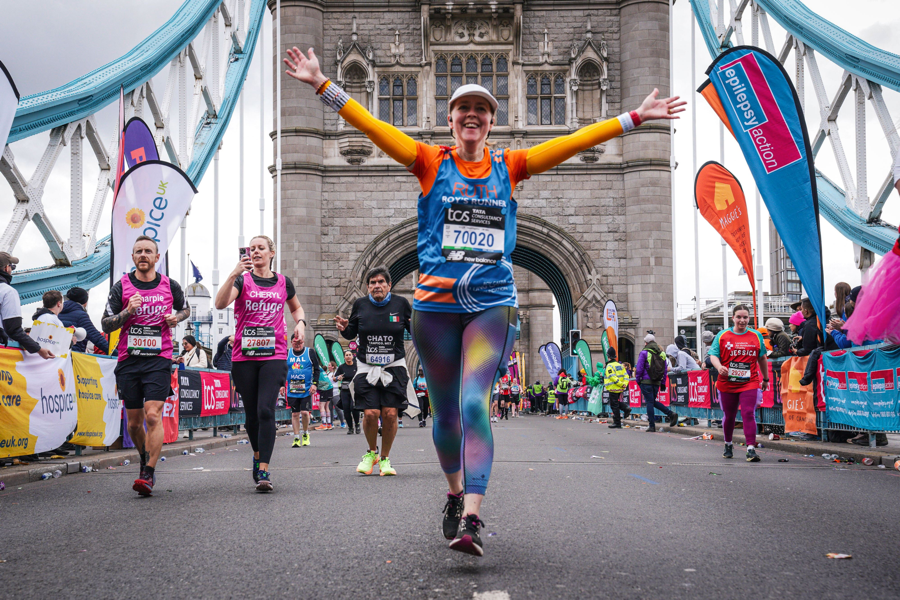 Runner running towards the camera on Tower Bridge, Ldondon