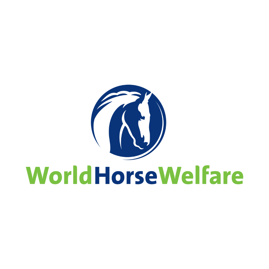 Blue circle with white horses head and the charity name: World Horse Welfare below