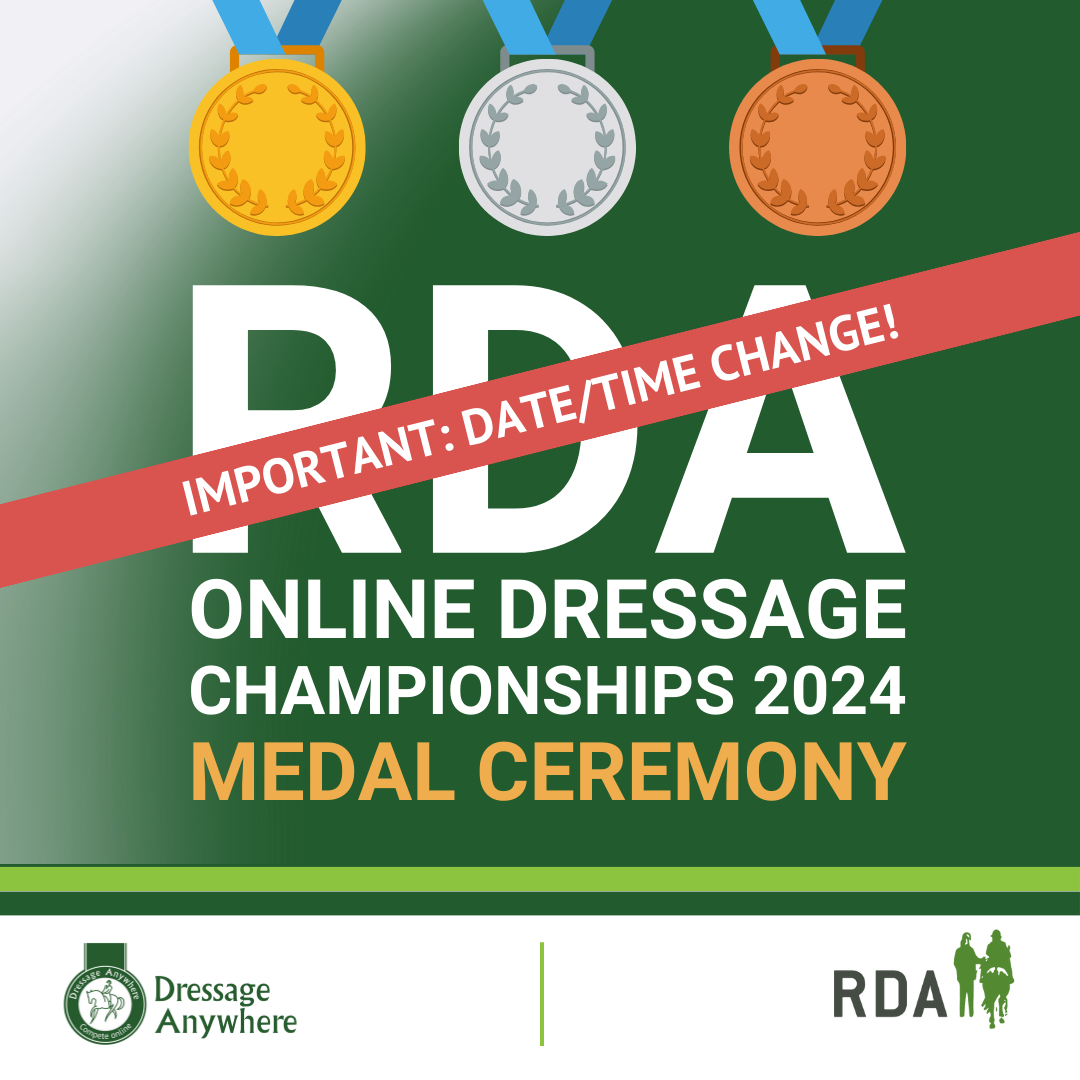 Gold, silver and bronze medals on green background with text: RDA Online Dressage Championships 2024 Medal Ceremony