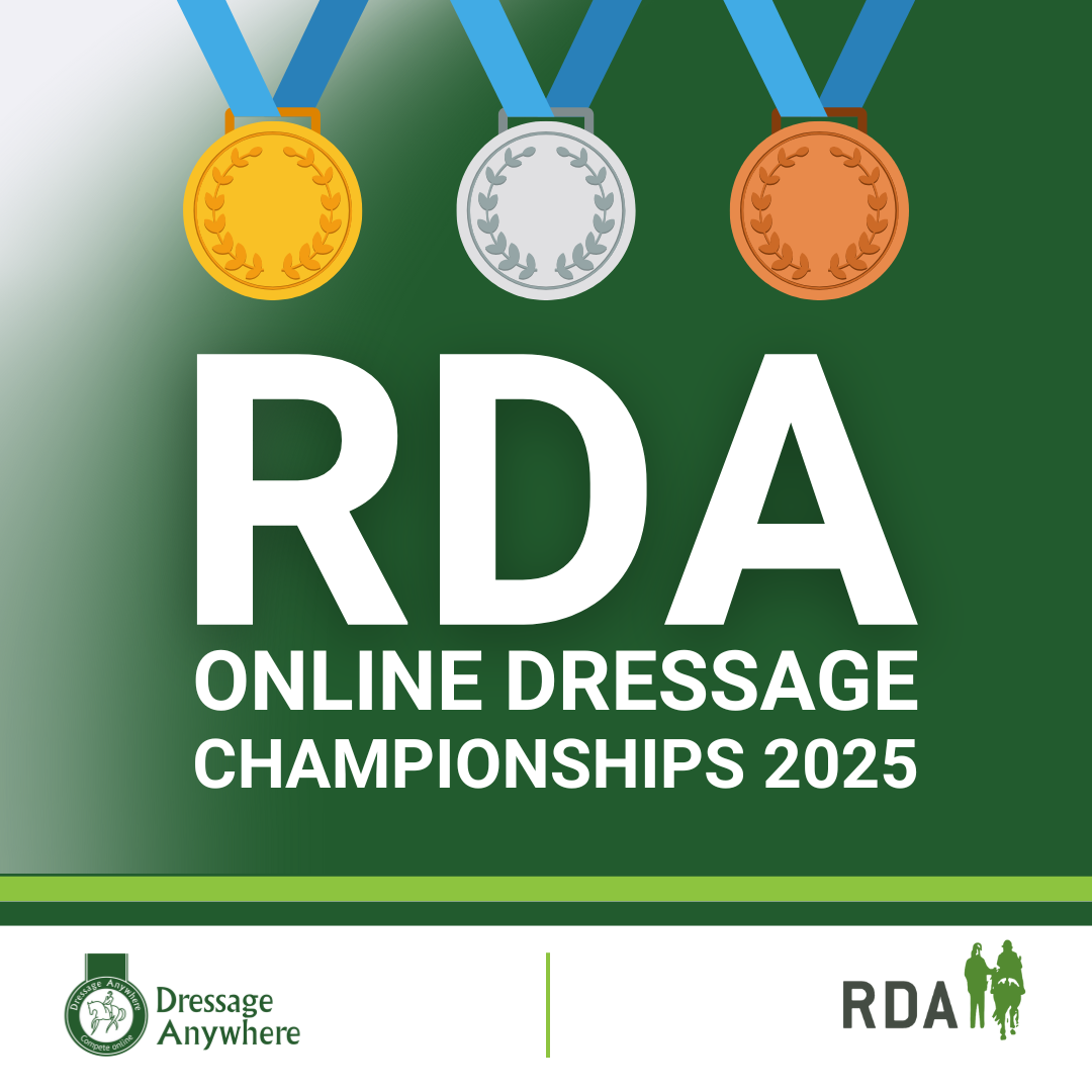 Dark green background with three medals at the top. Text says: RDA Online Dressage Championships 2025