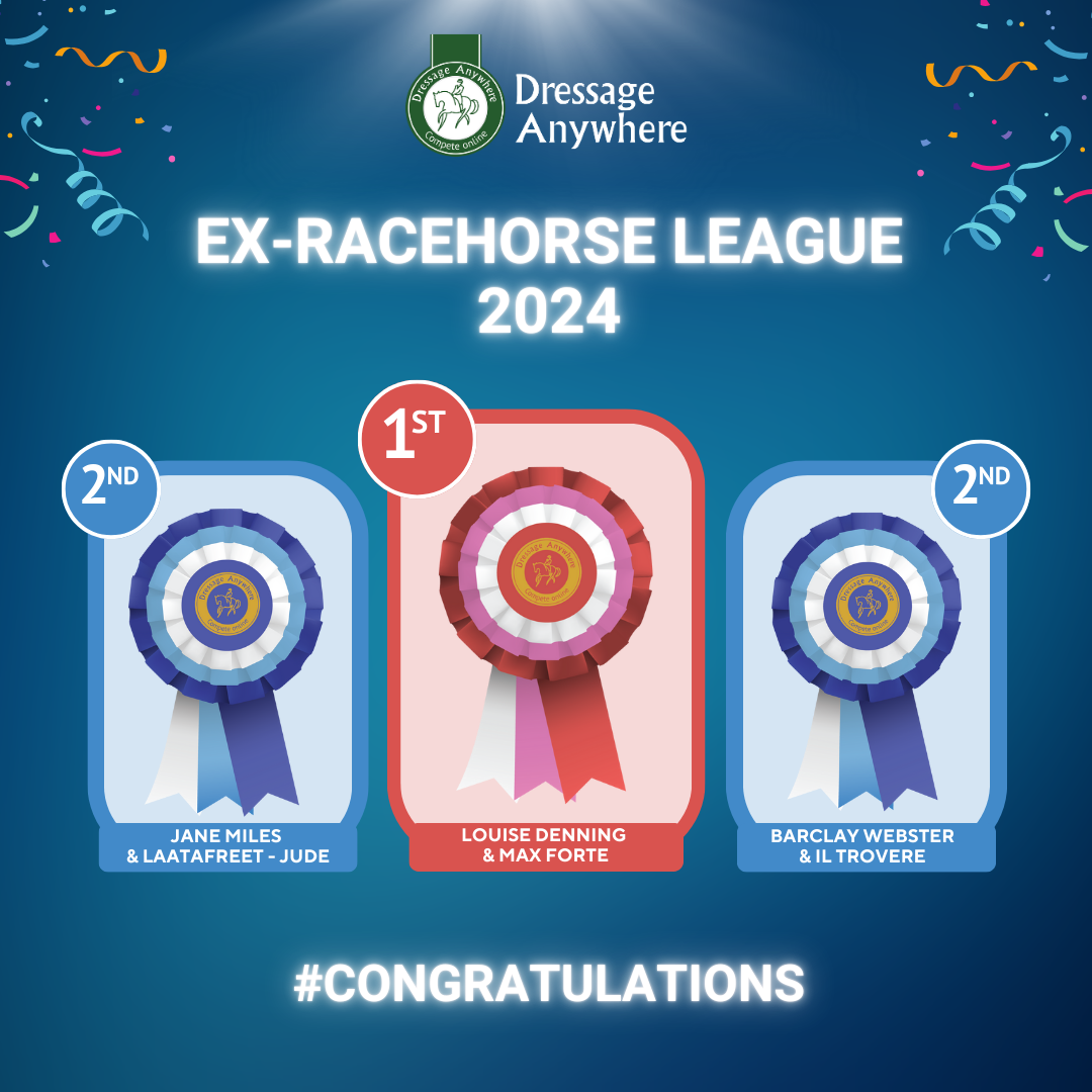 Ex-Racehorse league, blue background with three rosette placings 