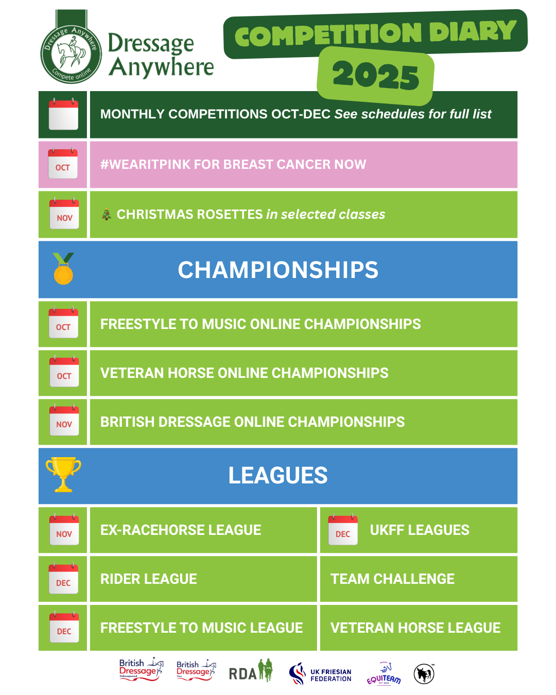 A table with a list of Dressage Anywhere events, including monthly competition classes, wearitpink for breast cancer awareness, christmas rosettes in November and online championships