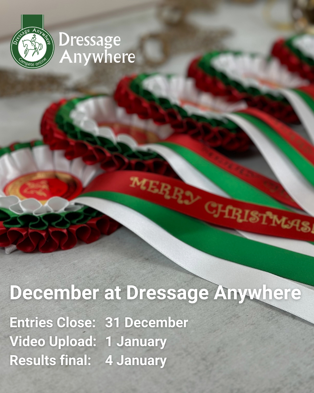 Red, white and green rosettes with Merry Christmas written on the tails