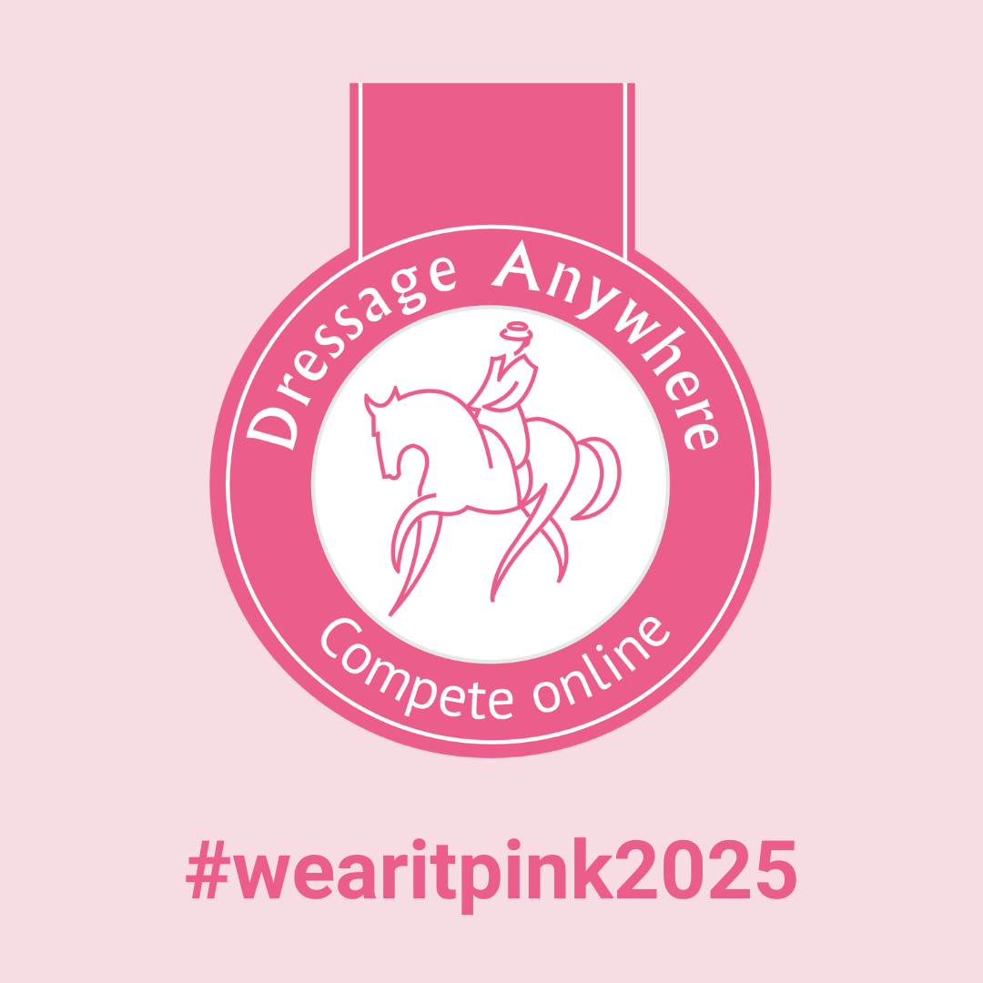 Light pink background with the Dressage Anywhere logo in a darker pink. Logo is a line drawing of a horse and rider in a circle with the words Dressage Anywhere: Compete Online around the outside